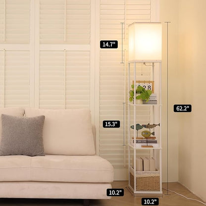 Gupuzm Floor Lamp with Shelves, 4 Layer Square Standing Lamp with 3 Color Temperature Bulb, Corner Display Bookshelf Lamp for Living Room, Bedroom and Office（White-2 Packs）