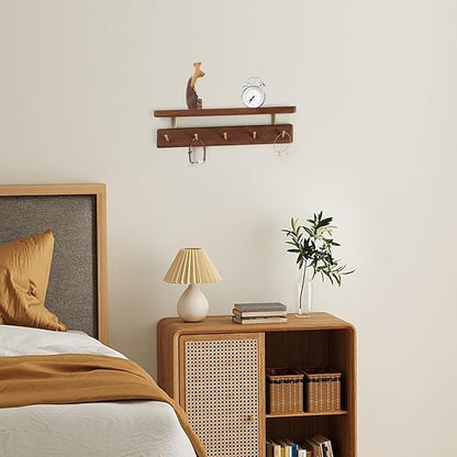 Solid Wood Shelf with Hooks, 15 inch Coat Rack Wall Mount, Shelves with 5 Brass Hooks for Hanging in Entryway, Living Room, Bathroom, Bedroom, Kitchen(Walnut)