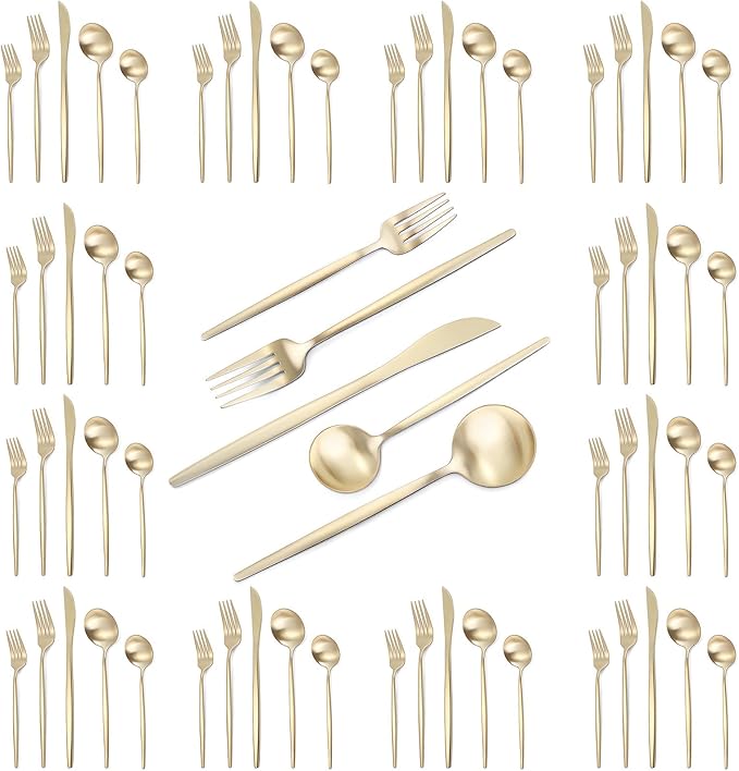 VANVRO Champagne Gold Silverware Set, 60-Piece Stainless Steel Flatware set,Matte Silverware Sets Service for 12, Tableware Cutlery Satin Finish Utensils for Kitchen,Dishwasher Safe