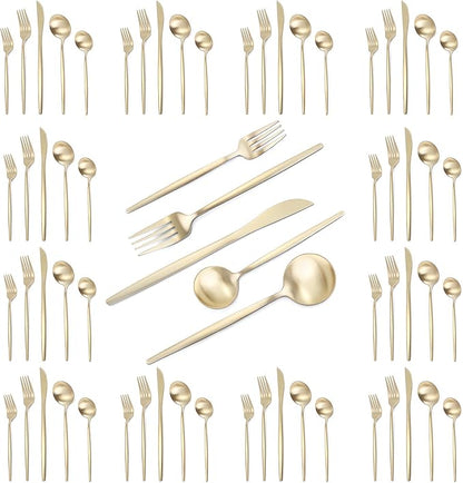 VANVRO Champagne Gold Silverware Set, 60-Piece Stainless Steel Flatware set,Matte Silverware Sets Service for 12, Tableware Cutlery Satin Finish Utensils for Kitchen,Dishwasher Safe