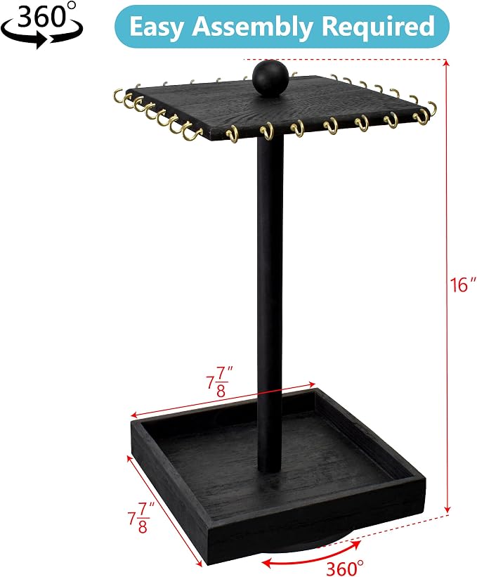 Ikee Design Wooden Rotating Jewelry Organizer, Jewelry Display Tower for Necklace & Bracelet, Rotating Necklace Holder Organizer, Jewelry Stand for Shows, Black Color, 7.88 W x 7.88 D x 16 H in