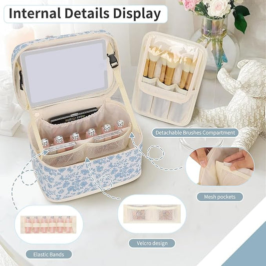 Makeup Bag With LED Mirror, Lightweight Travel Makeup Bag With 3 Color Setting Light Up Mirror Cosmetic Makeup Organizer Vanity Case for Women Beauty Tools Accessories Rechargeable Train Case-Floral