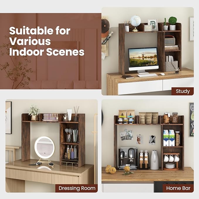 Desk Hutch, Desktop Shelf with 5 Shelves, Desk Bookshelf w/Anti-Toppling Devices, Wood Table Top Bookshelf Organizer, Small Desk Shelf for Study, Office, Dorm (Rustic Brown, 5 Shelves)