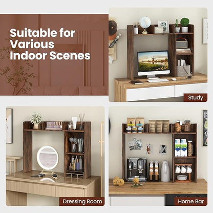Desk Hutch, Desktop Shelf with 5 Shelves, Desk Bookshelf w/Anti-Toppling Devices, Wood Table Top Bookshelf Organizer, Small Desk Shelf for Study, Office, Dorm (Rustic Brown, 5 Shelves)