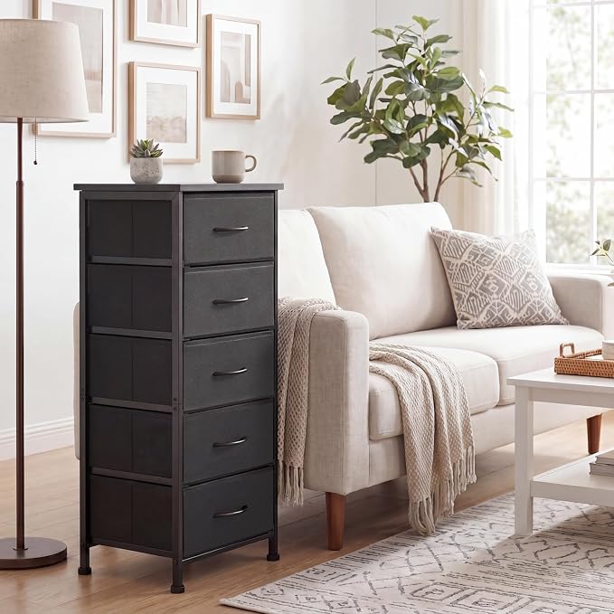 Fixwal Black Tall Skinny Dresser for Bedroom, Narrow Storage Dresser Organizer with 5 Fabric Drawers, Nightstand Furniture in Closet, Entryway, Hallway