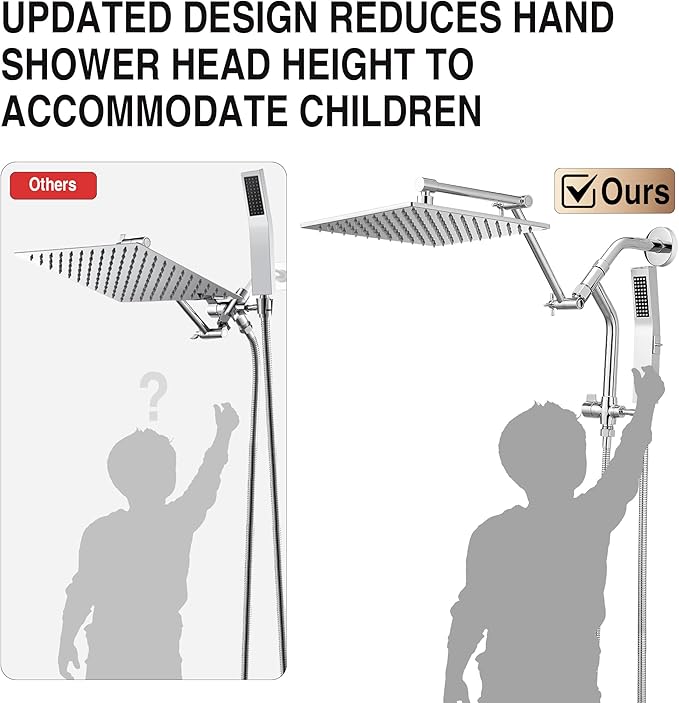 All Metal 10 Inch Rain Shower Head with Handheld Built-in Power Wash Mode, High Pressure Waterfall Rainfall Square Shower Heads with 16" Adjustable Extension Arm, Dual Showerhead(Chrome)