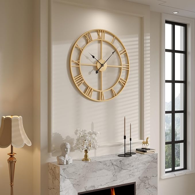 Cuspin Gold Wall Clock, 24 Inch Large Wall Clock for Living Room Kitchen Mantel, Completely Silent Non Ticking Battery-Operated Metal Round Luxury Decorative Modern Clock - Roman Number