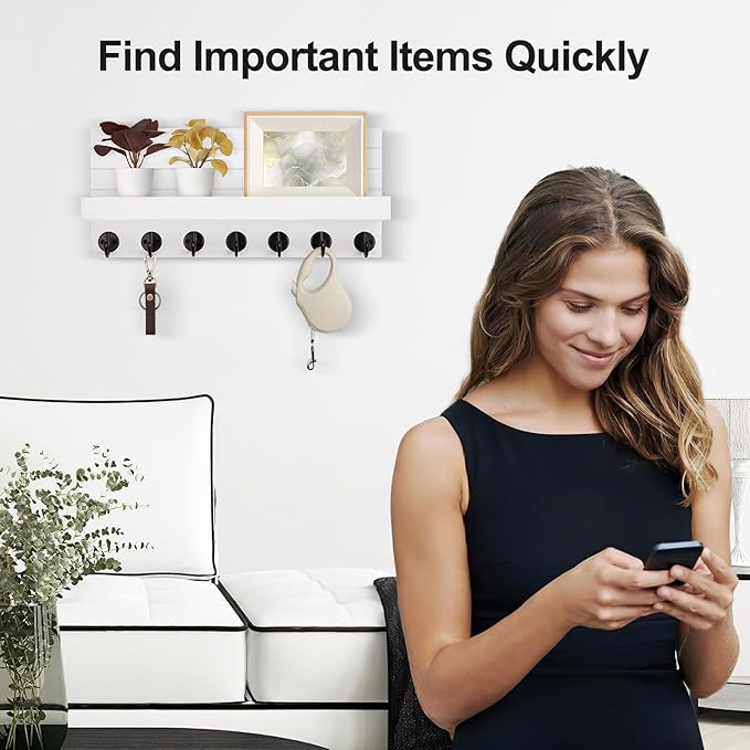 Key Holder Wall Mount, Entryway Key and Mail Holder with 7 Sturdy Hooks for Sunglasses, Dog Leash, Decorative Wall Shelf with Mounting Hardware, 15”W x 6.7”H x 4.2”D (White)