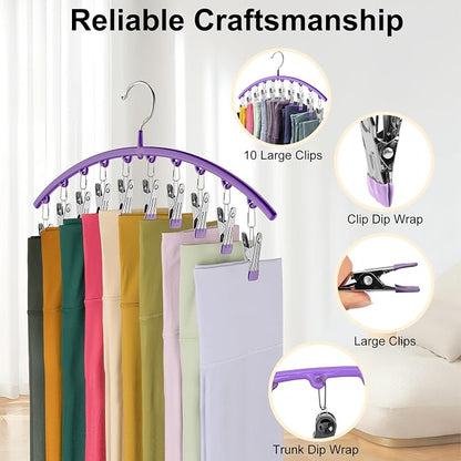 Legging Organizer for Closet, Metal Yoga Pants Hanger w/Rubber Coated 4 Pack w/10 Clips Hold 40 Leggings, Hangers Space Saving Hanging, Closet Organizers and Storage-Purple