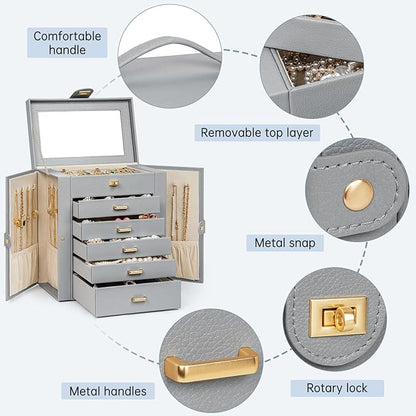 AKOZLIN 6-Tier Jewelry Box Organizer Functional 5 Drawers Leather Jewelry Storage Case for Women Girls Ring Necklace Earring Bracelet Holder Organizer with Mirror Grey