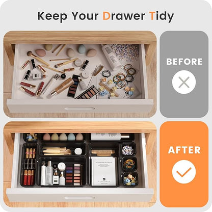 A-LuGei 【Military Grade Drawer Organizer, 【𝟱𝗦𝗶𝘇𝗲】 Makeup organizer, 【Holds 177 Items】 Bathroom Organizers and Storage, Organization and Storage, Desk Drawer Organizer for Vanity (Black)