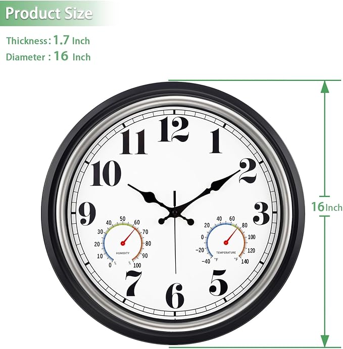 45MinST 16 Inch Silver Vintage Large Indoor/Outdoor Waterproof Wall Clock with Thermometer & Hygrometer, Silent Non-Ticking Quartz Timepiece for Home, Porch, Garden