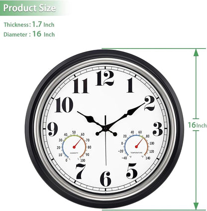 45MinST 16 Inch Silver Vintage Large Indoor/Outdoor Waterproof Wall Clock with Thermometer & Hygrometer, Silent Non-Ticking Quartz Timepiece for Home, Porch, Garden