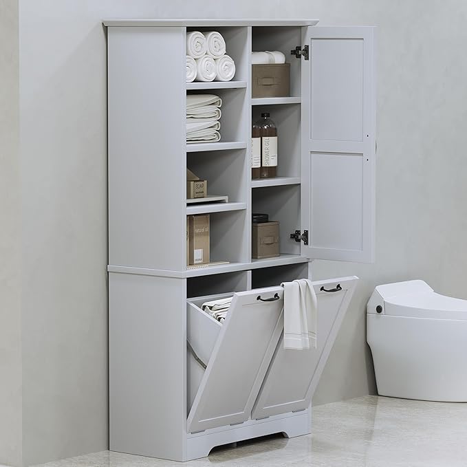 Merax Cabinet with Tilt-Out Laundry Hamper Basket, Tall Bathroom Storage Organizer Linen with Open Shelf for Home, Freestanding, Gray