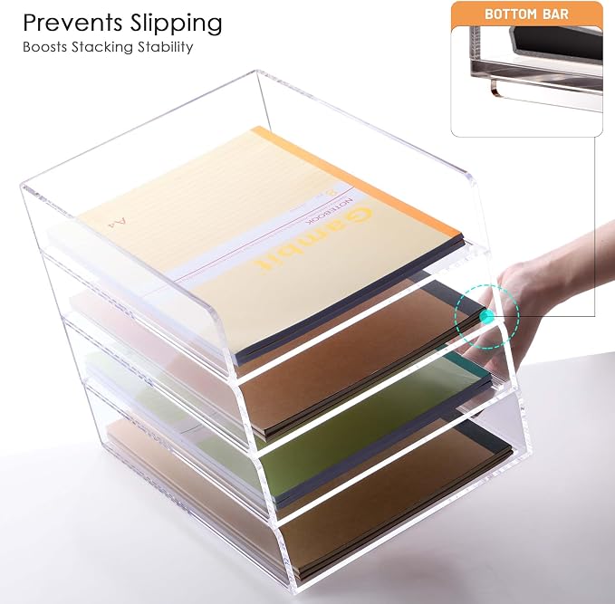 SANRUI 4 Tier Stackable Acrylic Letter Tray, 5mm Thick Clear Desk File Organizer, Document Paper Tray with Stable Bottom Bar for Letter A4 Office Supplies
