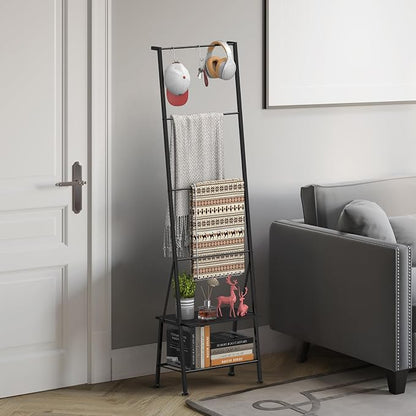 Blanket Ladder Metal Towel Ladder with Shelf Standing Towel Rack Holder for Bathroom 6 Tier Blanket Ladder for the Living Room Blanket Rack with Removable Hooks, Black