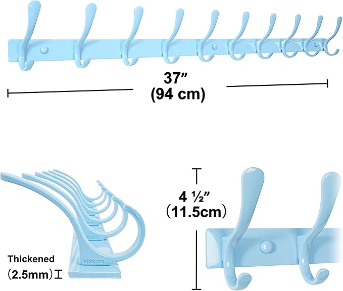 SKOLOO Coat Rack Wall Mounted - 10 Hooks, Pack of 2, Heavy Duty, Stainless Steel, Metal Coat Hanger, Sturdy Wall Hooks for Hanging Coats, Jacket, Clothes, Hat, Blue