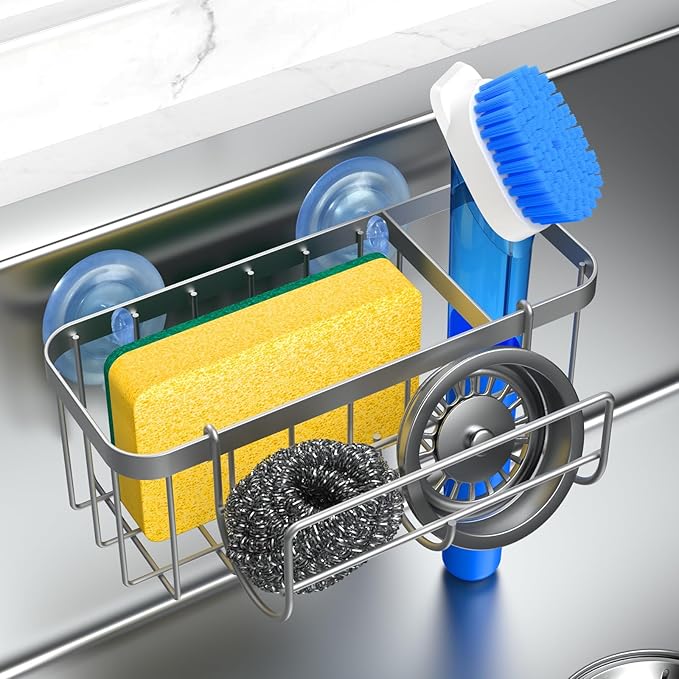 HOKEMOM Kitchen Sink Caddy Organizer with Sponge Holder & Multifunctional Hooks - Dual Suction Cups (18.5lb Hold), 2.0mm Stainless Steel Silver Rust-Proof, Non-Slip, 7.09" x 4.33" x 2.76"