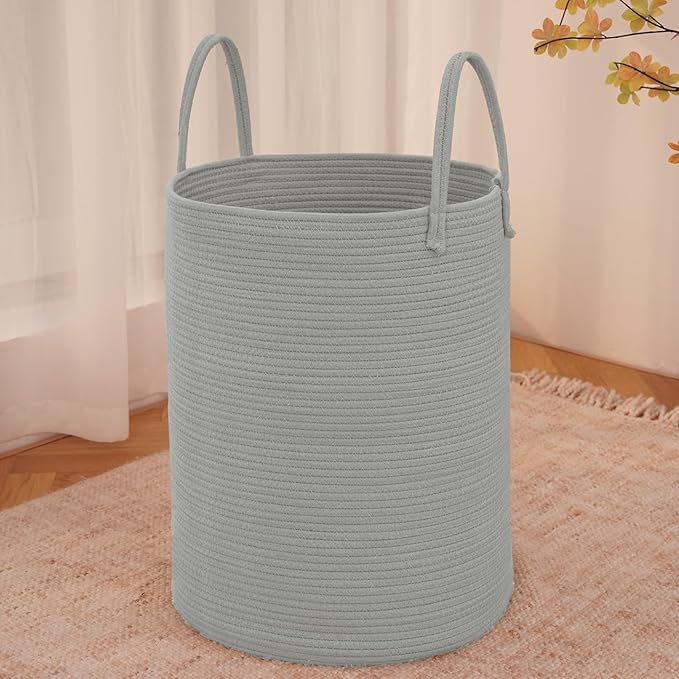 JMvicyroam Large Woven Laundry Basket Hamper,80L Cotton Rope Storage Bin for Blankets,Toys and Clothes,Decorative Tall Nursery Hamper for Living Room,Baby Nursery,Bathroom and Bedroom,Grey