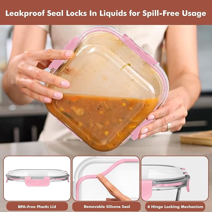 Razab 2 PC 1200ML / 41 Oz Glass Food Storage Containers with Lids - Airtight & Leakproof - Microwave/Oven/Freezer Safe - BPA Free - Ideal for Meal Prep, Storing Leftover & Lunch