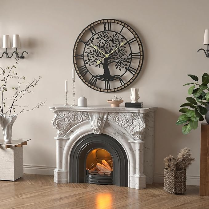 Micasso Non-Ticking Oversize Wall Clock: 38Inch Tree of Life Metal with Solid Wood Frame - Silent Battery Operated Clock for Living Room/Fireplace/High-Ceiling - Home Decor for Homemakers