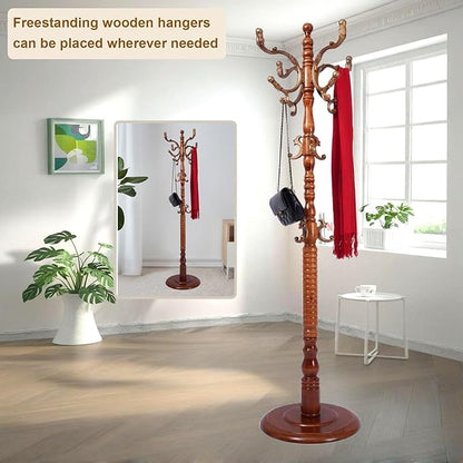 Coat Rack Freestanding with 18 Hooks, Wooden Standing Coat Racks for Entryway, Solid Wood Clothes Hanger Rack with Sturdy Round Base for Entryway, Hall, Bedroom, Office, Hallway (Caramel color)