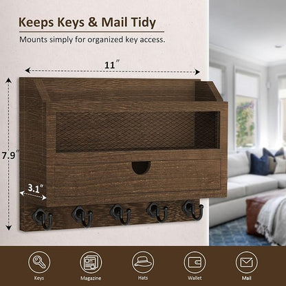 Nekon Key and Mail Holder for Wall, Key Organizer with 5 Hooks & Storage Drawer, 11" W x 7.9" H x 3.1" D Wooden Key Rack for Entryway and Home Decor (Brown)