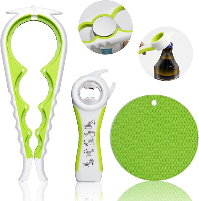 Jar Opener for Weak Hands, Seniors with Arthritis, 5 in 1 Multi Function Bottle Opener Lid Opener For Arthritic Hands with Non Slip Rubber Jar opener Gripper Pad(green)