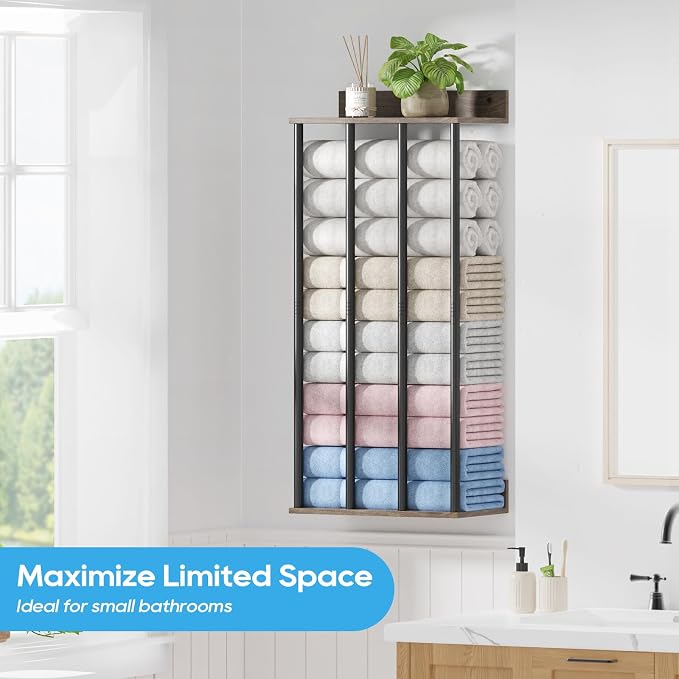 Towel Racks for Bathroom Wall Mounted, Updated 4 Bar Wall Towel Holder | Large Bathroom Towel Storage Rack for Rolled Towels, Modern Metal Towel Organizer Shelf with Wooden Storage Shelf