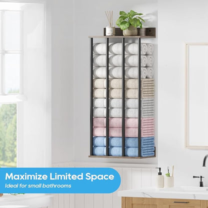 Towel Racks for Bathroom Wall Mounted, Updated 4 Bar Wall Towel Holder | Large Bathroom Towel Storage Rack for Rolled Towels, Modern Metal Towel Organizer Shelf with Wooden Storage Shelf