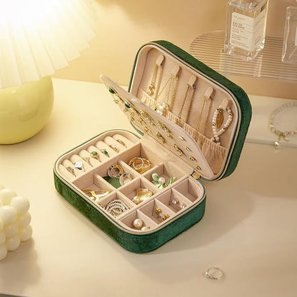 CASEGRACE Plush Velvet Travel Jewelry Box, Portable Jewelry Case for Women Girls, Double Layer Jewelry Organizer Display Box for Necklace Earring Rings Bracelet, Travel Accessory Gifts, green