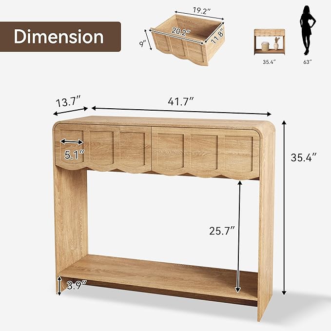 Console Table with 2 Drawers, Mid-Century Modern 42" Entryway Table with Open Storage Shelves, Sofa Table Behind Couch for Living Room, Hallway, Natural