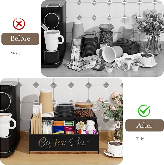 Coffee Station Organizer, Rustic Brown Wooden Countertop Coffee Bar Accessories Organizer with Metal Mesh Compartments for Pods, Syrup, Cups, Stirrer, Tea
