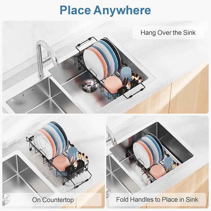 iSPECLE Small Sink Dish Drying Rack, Expandable Compact Rust Resistant Dish Drainer for RV Apartment Kitchen, Dish Rack with Tightening Knob, Arms with Non Slip Rubber, 9.1" W x 12.2"-17.3" L, Black