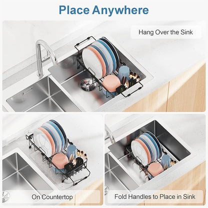 iSPECLE Small Sink Dish Drying Rack, Expandable Compact Rust Resistant Dish Drainer for RV Apartment Kitchen, Dish Rack with Tightening Knob, Arms with Non Slip Rubber, 9.1" W x 12.2"-17.3" L, Black