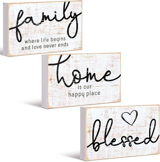Jetec 3 Pcs Family Home Blessed Rustic Wood Sign Mini Wood Decorative Farmhouse Woodworks Table Shelves Decorations Sign for Bedroom Kitchen Living Room Table Decor(Retro Color,4.25 x 2.76 x 0.59 in)