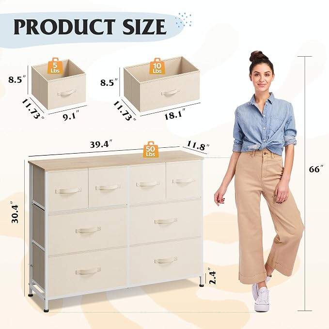 WLIVE Dresser for Bedroom with 8 Drawers, Wide Fabric Dresser for Storage and Organization, Bedroom Dressers, Chest of Drawers for Living Room, Closet, Hallway, Cream White