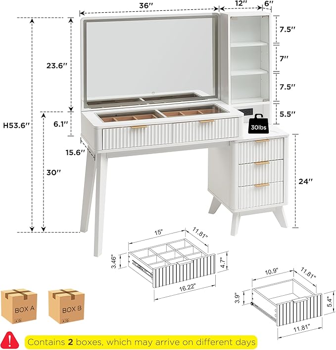 RedLemon 48" Fluted Vanity Desk with 36" Large HD Mirror and Lights, Modern Wood Glass Tabletop Makeup Table with Adjustable Storage Shelves, 5 Drawers, Charging Station for Bedroom, Off White