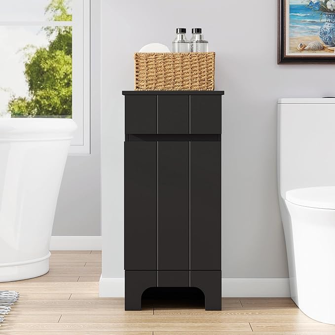 Small Bathroom Cabinet with Adjustable Shelves, Drawer, Anti-Tip Design, 14.96" L x 11.81" W x 32.09" H, Durable MDF for Bathroom, Kitchen, Laundry Storage, Soft-Close Door