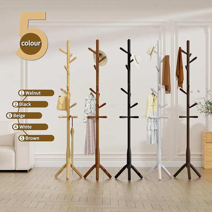 Solid Wood Coat Rack, Freestanding Tree-Shaped Coat Rack with 11 Hooks, Main Pole 1.6" dia for Clothes, Hat Stand Used in Bedroom/Office/Entryway (3-Leg Base, Natural Beige)