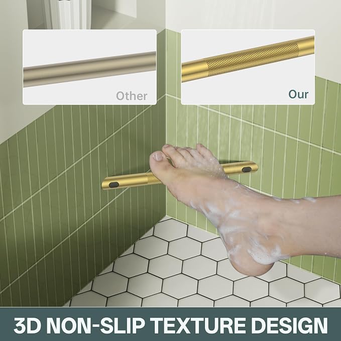 BWE Brushed Gold Shower Foot Rest Bar, Stainless Steel Bar Corner Shower Foot Rest for Shaving Legs, Non-Slip Knurled Shower Step, Wall Mounted Bathroom Shower Shaving Foot Rest