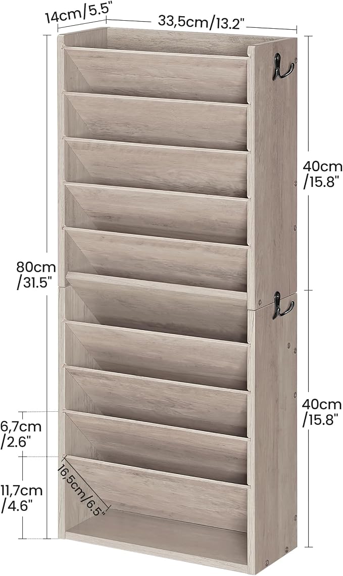 CHOEZON Wall File Organizer, 10-Tier Hanging Mail Organizer, Wall Mount File Holder with 4 Side Hooks, Industrial Mail and Storage Organizer, Wooden Vertical Hanging Holder for Office, Greige MWJ03FH