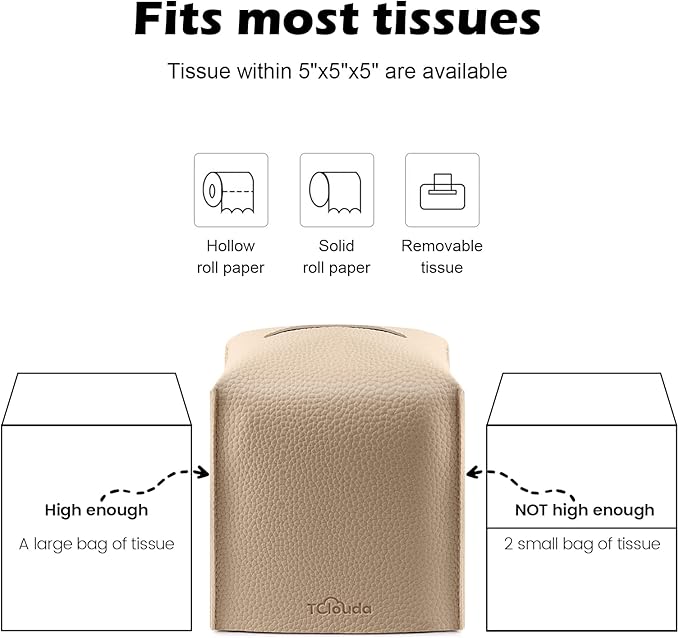 Tissue Box Cover, Tclouda, Modern PU Leather Square Tissue Box Holder for Creative Decorative, Ideal for Bathrooms/Office/Car/Nightstand/Outdoor Tent/Dining Table, 5"X5"X5", Single Beige