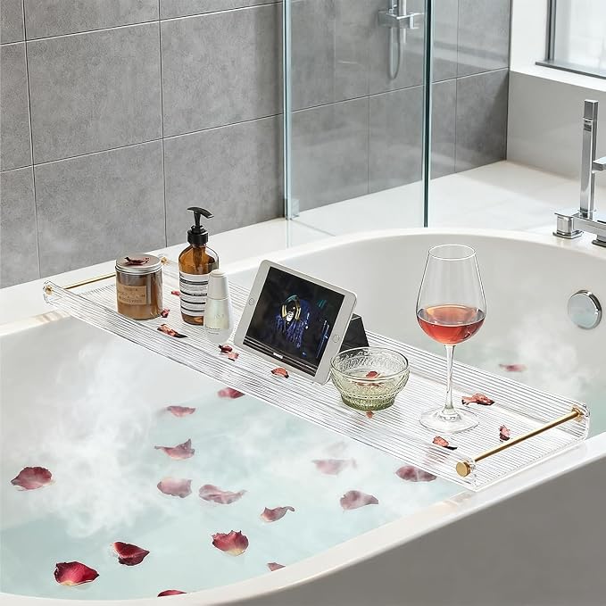 Acrylic Bathtub Tray, NEWRAIN Luxury Bath Caddy Tub Table,Unique House Warming Gifts, New Home, Anniversary and Wedding Gifts for Couple, Bathroom Accessories for Spa or Reading Lite Style
