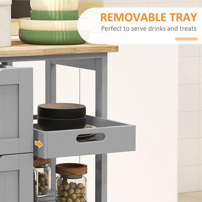 HOMCOM Rolling Kitchen Island Cart, Bar Serving Cart, Compact Trolley on Wheels with Wood Top, Shelves & Drawers for Home Dining Area, Gray