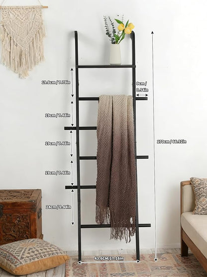 Black Blanket Ladder with Top Shelf for the Living Room - 67in Decorative Wooden Blanket Holder, 5 Tier with Side Hooks for Hanging - Rustic Farmhouse Towel Ladder Throw Rack for Organizer and Display