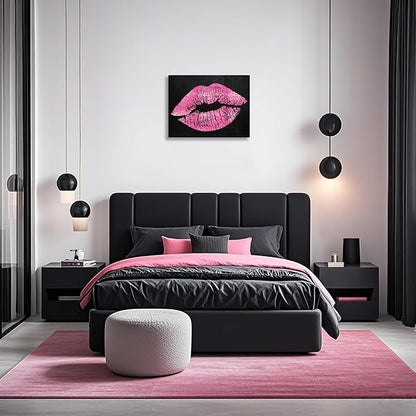 7CANVAS Black and Pink Lips Canvas Wall Art Fashion and Glam Poster Sexy Lip Picture Gallery Wrap for Bathroom Bedroom Makeup Room Wall Decor 24x18Inch