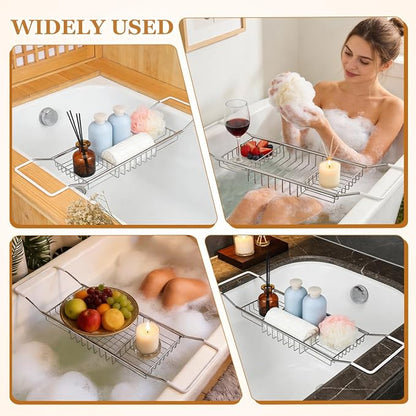 Cabilock Bathtub Tray - Stainless Steel Bathtub Caddy, Expandable Extra Wide Bath Tub Organizer, Rust-Resistant Over The Tub Shelf Rack with Non-Slip Grips for Phone Book Wine Glass, Silver