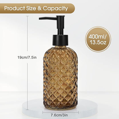 Topsky Gem Glass Soap Dispenser with Black Plastic Pump, 13oz Liquid Hand Soap Dispenser, Rustproof Pump for Kitchen & Bathroom, Great for Lotions, Essential Oil, Liquid Soaps-Amber