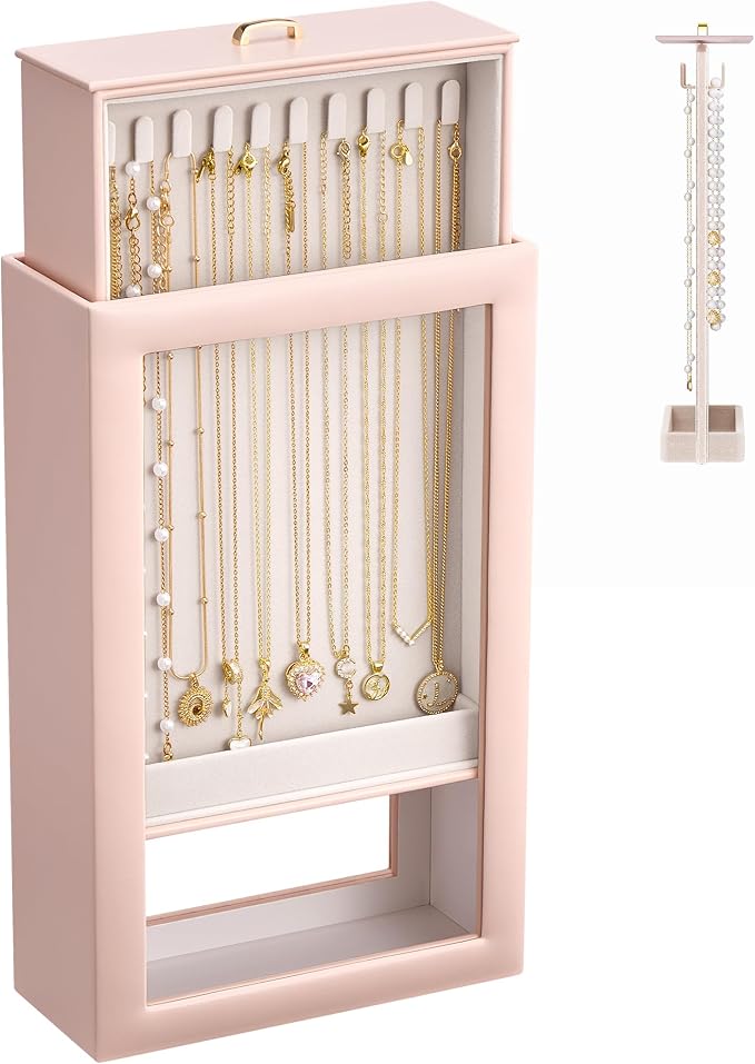 Lolalet Upgraded Double-Sided Hanging Necklace Organizer Box, Jewelry Display Case with Double-Sided Clear Window for Necklaces Bracelets, Tangle-Free Necklace Storage Box, Pink, 1-Layer 20 Hooks